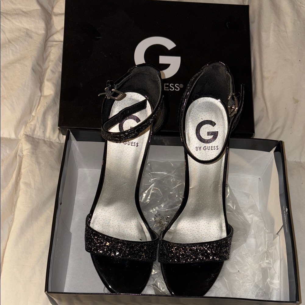 Guess Black And Silver Heels With Ankle Strap